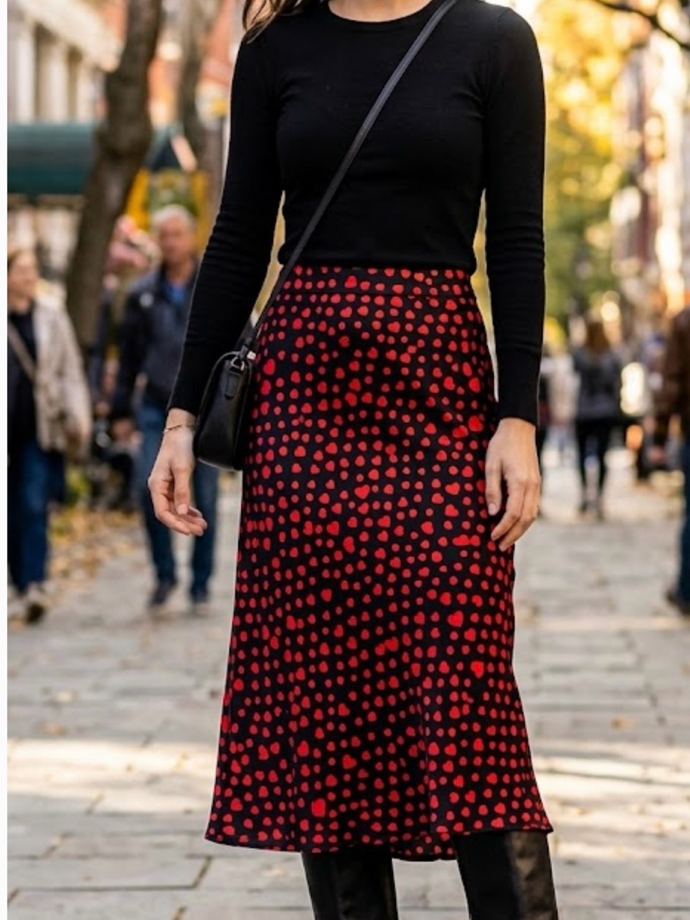 Calligraphie Red Heart Satin Print Midi Skirt Size Small